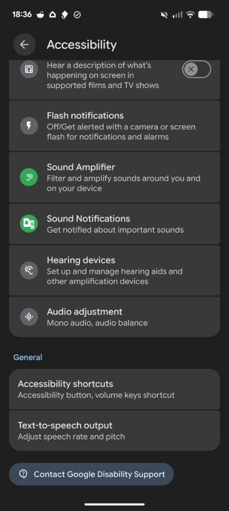 Android Accessibility settings with Text-to-speech output under General