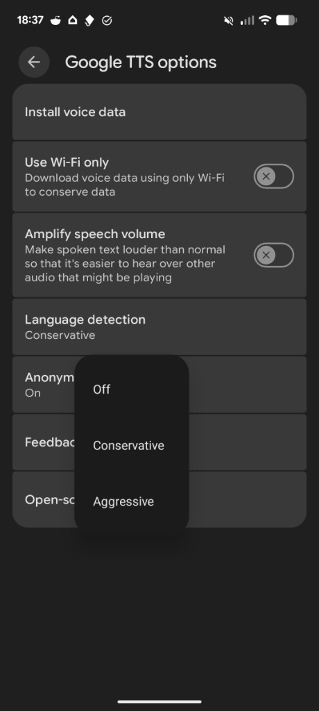 Google TTS options with Language detection set to Aggressive