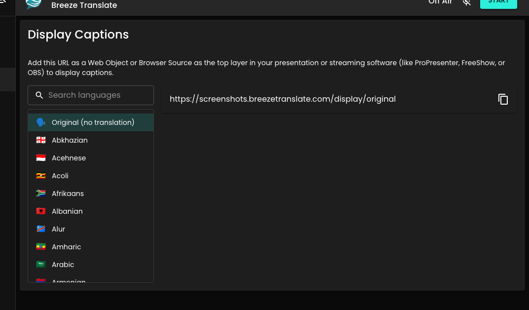 Display Captions page in the control panel — select a language and copy the URL