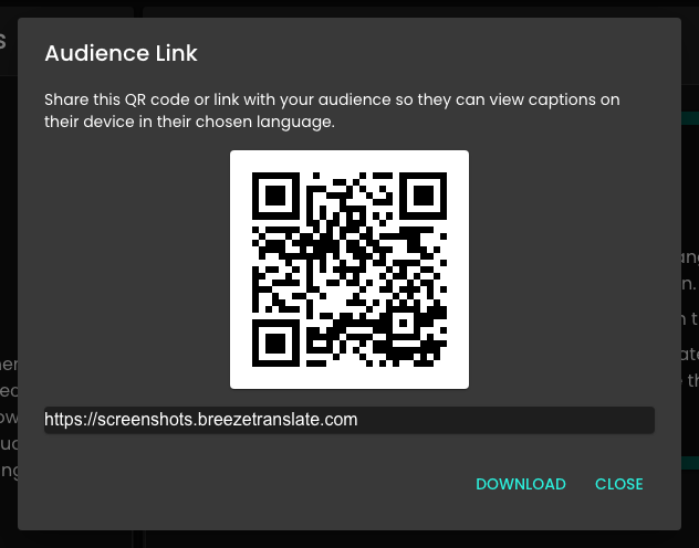 Audience link dialog with QR code from the control panel